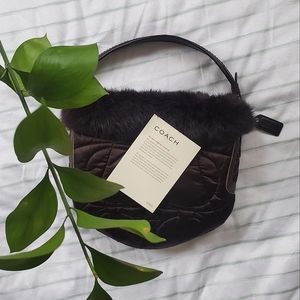 Coach Brown Rabbit Fur Trim Satin Quilted sig bag
